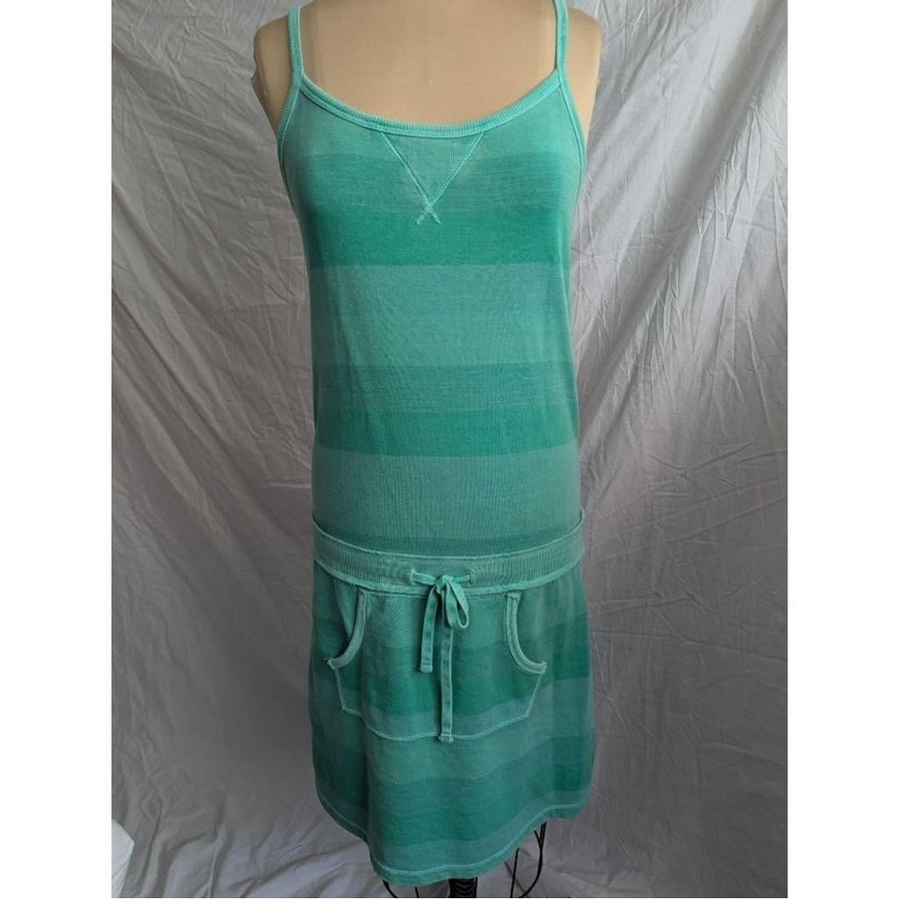 Vtg Y2K Gap Mini Dress Green Striped Drawstring Pocket Sleeveless Drop Waist Sm